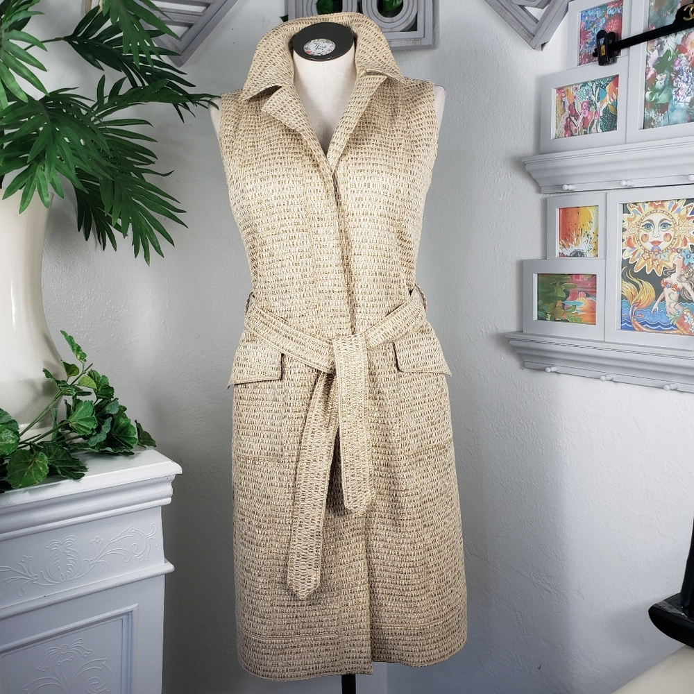 Oscar de la Renta Beige & Gold Weave Dress - Belted Pockets Linen Raffia RARE 12
